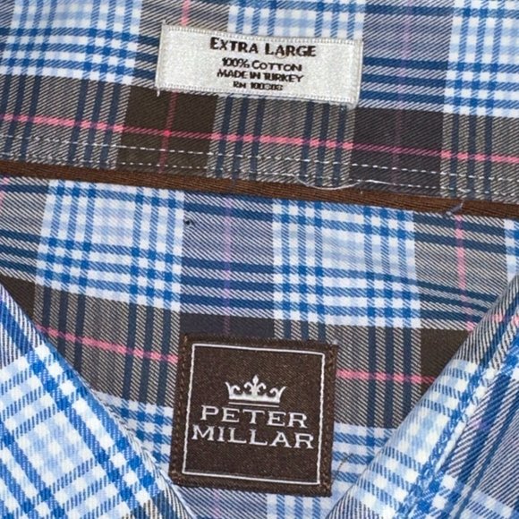 Peter Millar 100% Cotton Blue/Brown‎ Plaid Long Sleeve Button Down Shirt Size XL - Picture 6 of 8